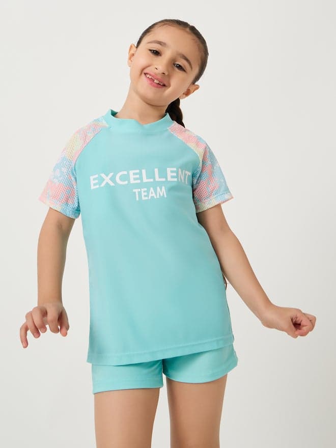 Typography Print Short Sleeve Swimsuit With Cap