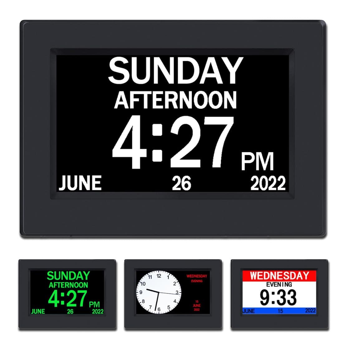 AINFTIME DST Clock with Day and Date for Elderly3 Display Digital Calendar Alarm Day Dementia Alzheimers Clock with Extra Large Display 7in Black