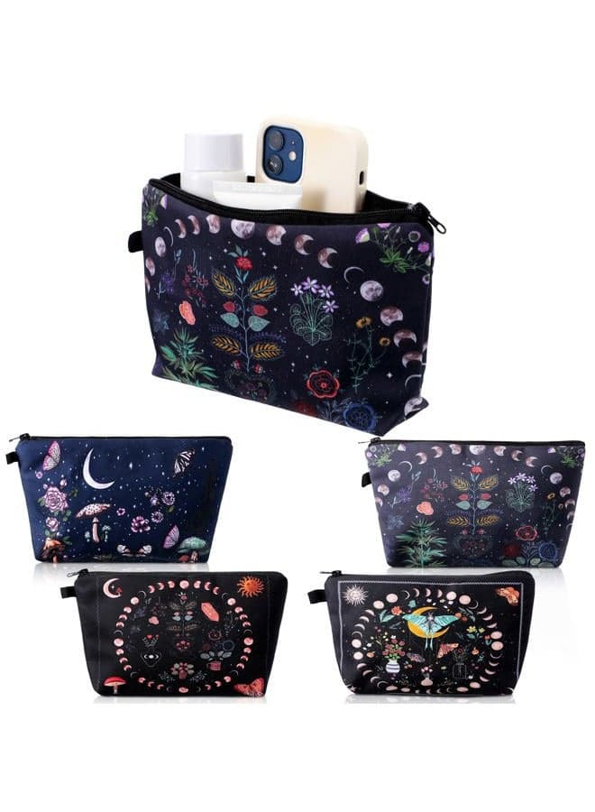 4 Pcs Small Witch Moon Makeup Bag Purse Portable Pouch with Zipper Flower Cosmetic Bag for 3D Printed Goth Pencil Case Travel Organizer Toiletry Storage Women Gift Supplies Holiday Decoration