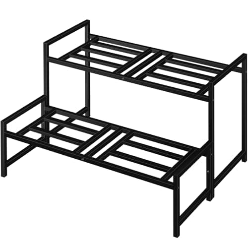 Lilybud--lily Plant Stand Indoor Outdoor, 2-Tier Wrought Iron Plant Stands, Stackable Metal Plant Shelf Decorative Outdoor Flower Stand Heavy Duty Pedestal Stands for Garden Deck Living Room, Black