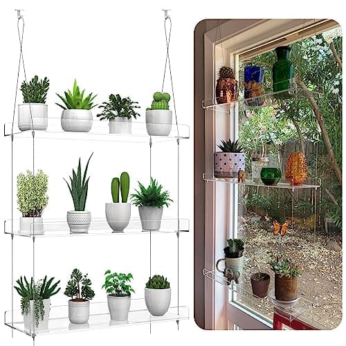 ZerzSemp 3-Tier Hanging Clear Plant Shelves for Windows, Acrylic Window Wall Plant Stand Shelf for Kitchen Indoor Gardens, Flower, Herb, Seedling Organization, and Pots Display, 16 Inch per Tier
