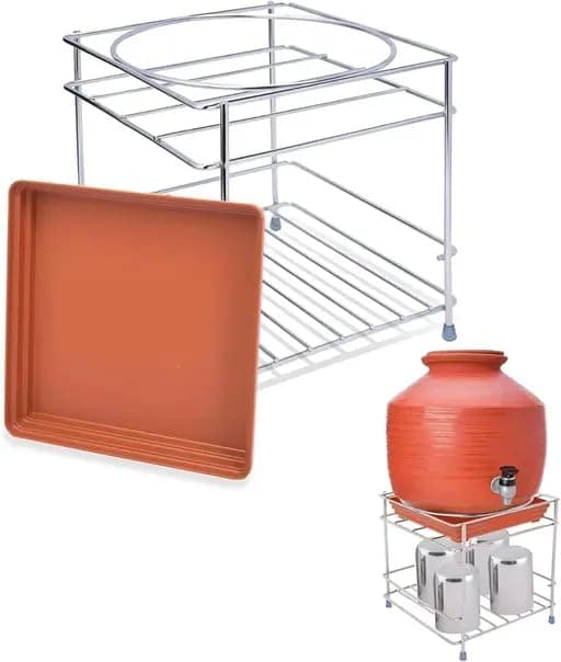 Crotomak Matka Stand For Round Surface Water Pot Shelf Stand For Kitchen 3 In 1 Pot Stand With Water tray & Glass Stand Stainless Steel 8 X 8 X 7.5 Inch