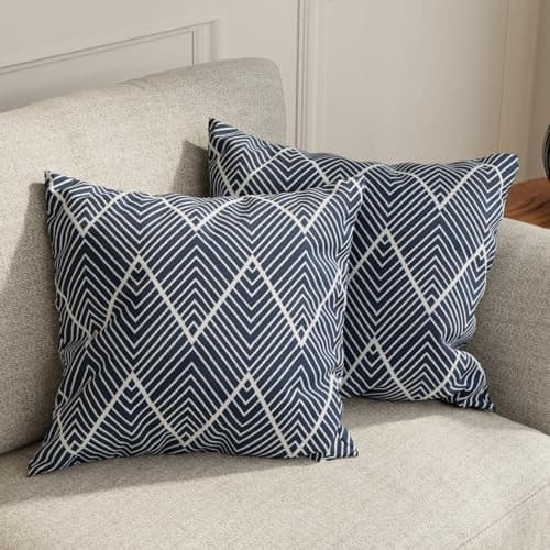 HUESLAND Premium Cotton Cushion Cover 16 inch x 16 inch | Decorative Square Throw Pillow Covers Set for Sofa, Living Room & Bedroom | Set of 2 | Navy Wave