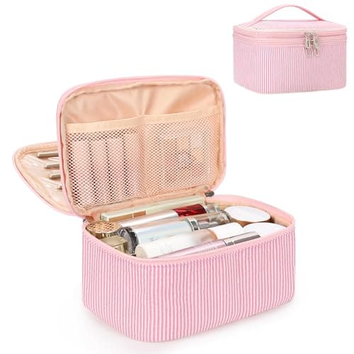 Relavel Large Makeup Bag, Portable Pink Cosmetic Bag for Girls, Dual-layer Makeup Pouch with Brush Holder, Multi-Functional Preppy Toiletry Organizer for Travel, Daily Use - Pink Strip