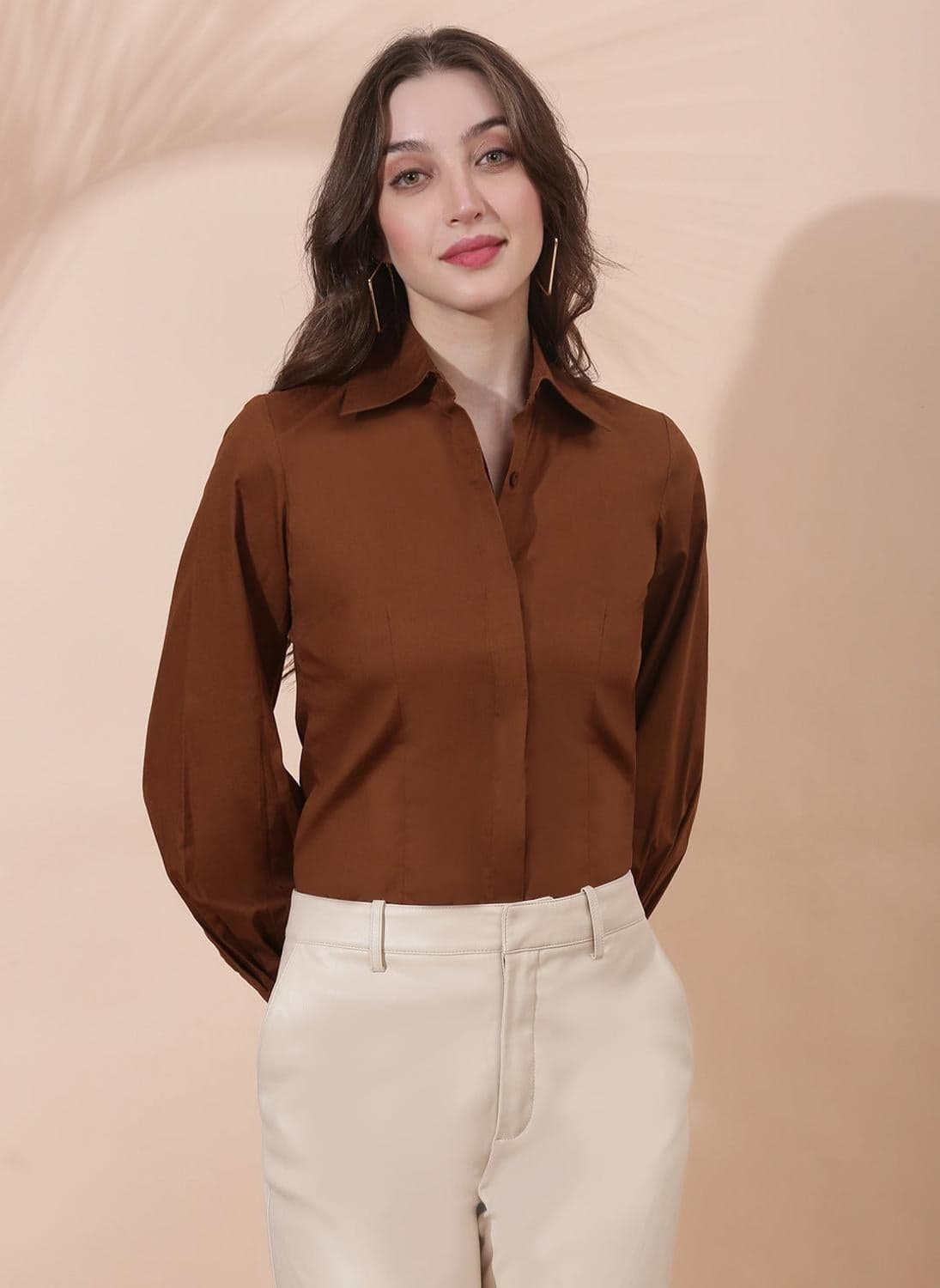 Globus Women's Brown Formal Shirt with Spread Collar and Long Cuff Sleeves