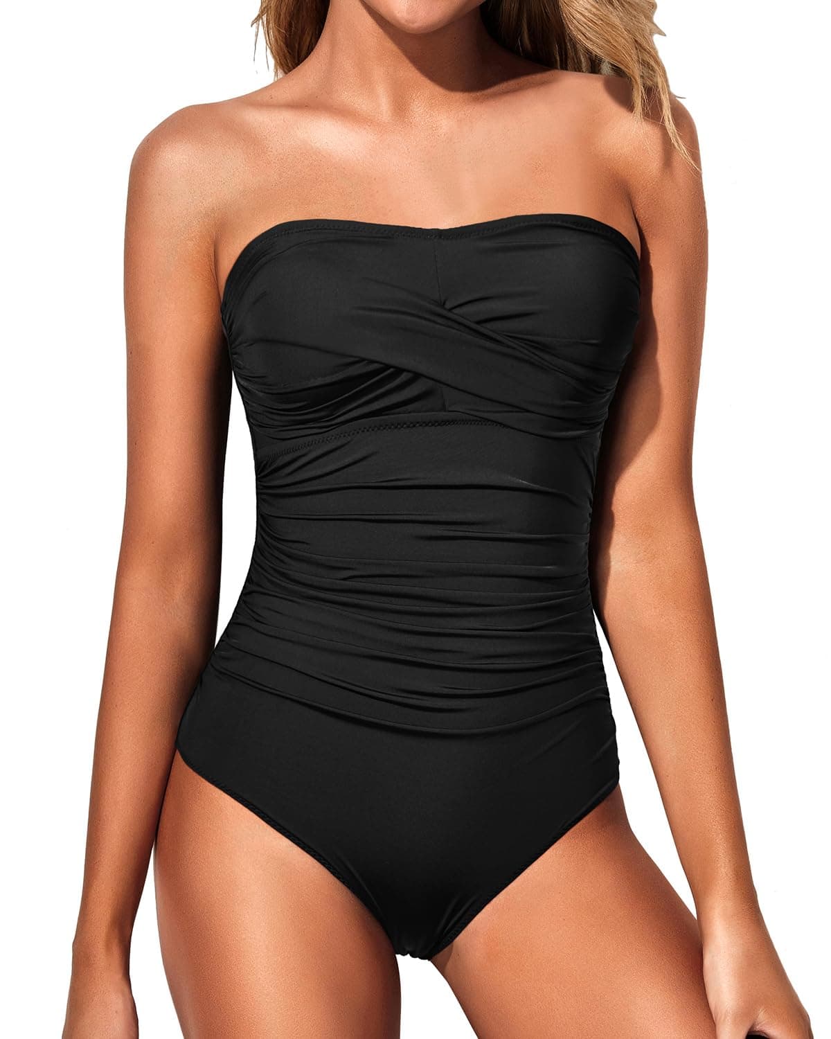 Yonique Womens Strapless One Piece Swimsuit Tummy Control Bandeau Bathing Suits Slimming Twist Front Swimwear Black L