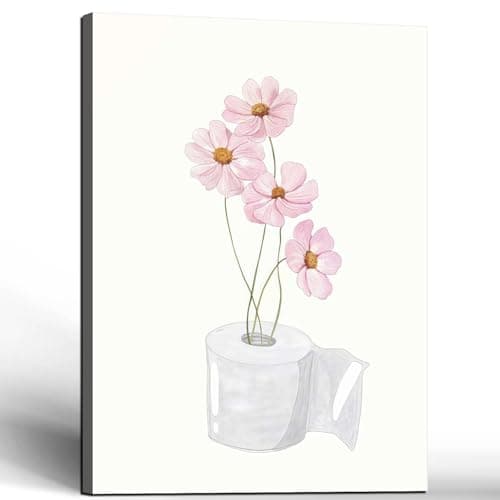 Framed Bathroom Canvas Wall Art Print Pink Flowers on Toilet Paper Poster Elegant Floral Bathroom Painting Picture Living Room Wall Bedroom Decor Gallery Style 12x16 Inch Ready to Hang
