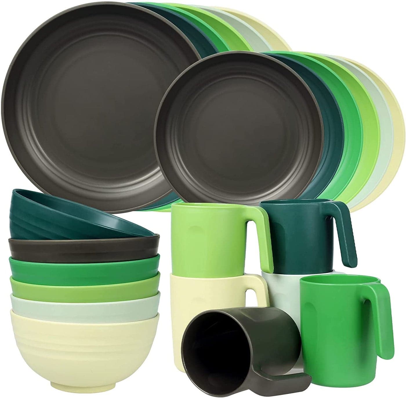 Greentainer Plastic Unbreakable Dinnerware Sets12PCS Camping Tableware Lightweight Plates Bowls and Mugs Microwave Dishwasher Safe Plates Set Service for 4 Great for Kids Adults