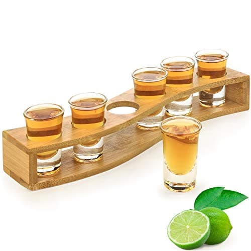 LINALL Shot Glasses 6pcs Shot Glass Set 1oz30ml Shot Glass Holder Heavy Base for Whisky Tequila 6 Shot Glass Serving Tray 6pcs