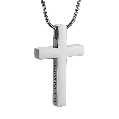 HZMAN Cross Necklace for Men Women Stainless Steel Religious Bible Verse Philippians 4:13 Pendant with Snake Chain (Silver)