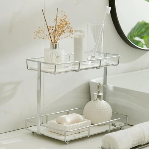Bathroom Organizer Countertop Perfume Organizer Makeup Organizer Cosmetics Storage Display Rack Vanity Tray Dresser Stainless Steel Gold Shelf White Marble Ceramic Tray 2 Tier LSliver