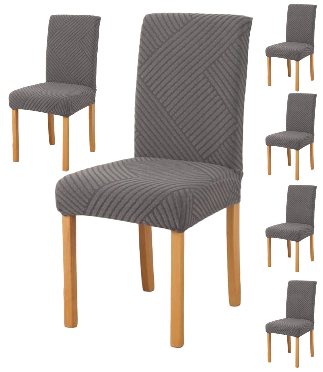 Styleys Jacquard Chair Cover Stretch Removable Washable Dining Chair Cover Protector Seat Slipcover (Pack of 6, Dark Grey, JDMC3)