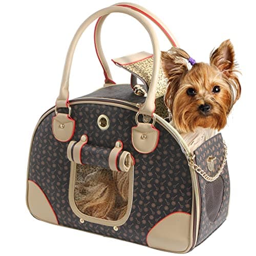 Betop House Fashion Dog Carrier PU Leather Dog Handbag Dog Purse Cat Tote Bag Pet Cat Dog Hiking Bag, Brown, Large 42 * 29 * 18cm