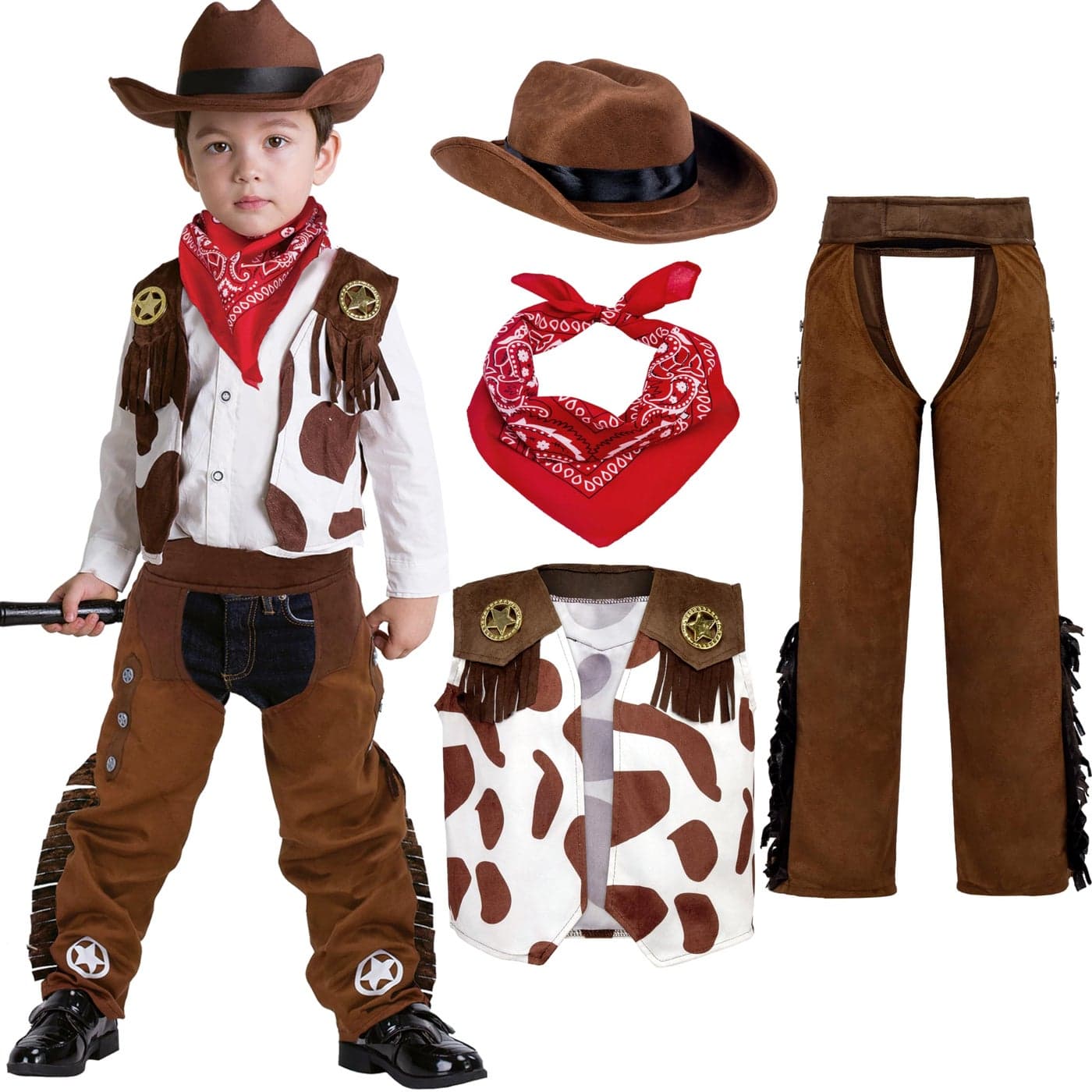 Spooktacular Creations Halloween Cowboy Costume for Boys, Kids White Brown Western Costume, Deluxe Cowboy Outfit Set with Hat for Toddler Halloween Dress-up, RolePlay Themed Party (Medium, 8-10 yrs)