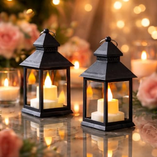 SATYAM KRAFT 2 Pcs Small Antique LED Lantern Pillar Candles Acrylic Flameless & Smokeless Decorative LED Tea Light Candle Perfect for Gifting, Home Decor, Living Room, Hall Decor (13.5 x 5.5 cm)