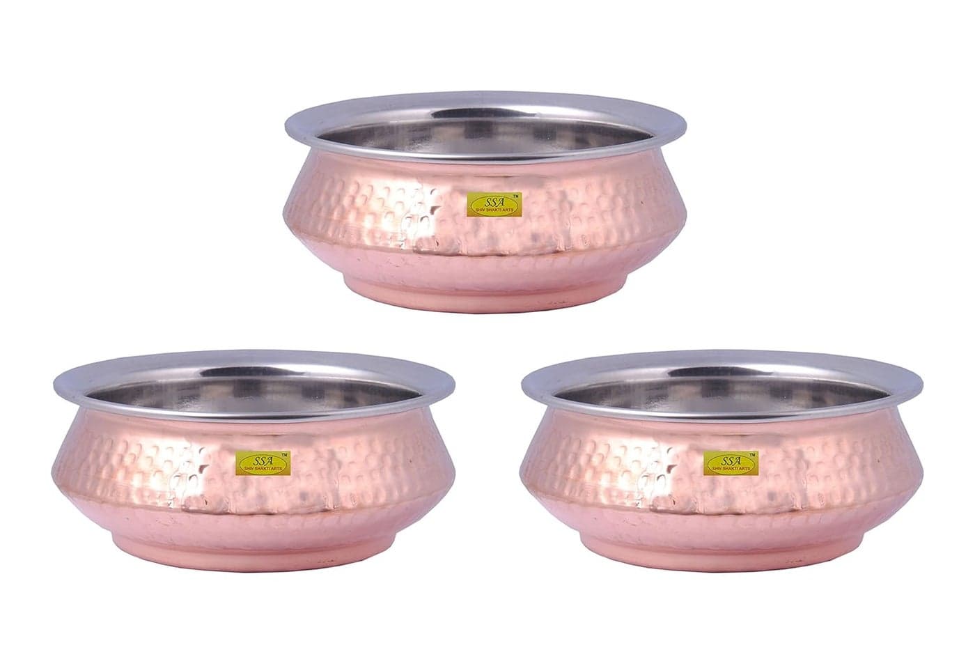 SHIV SHAKTI ARTS Handmade Pure Set of 3 Steel Copper Handi No 2 Volume600 ml Mughlai Design Hammered Design Curved Shape Homeware Hotelware DinnerwareFor Serving Curry Dal Bhaji Sabji Purpose