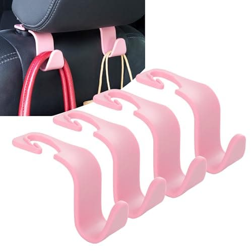 Amooca Car Seat Headrest Hook 4 Pack Hanger Storage Organizer Universal for Handbag Purse Coat Universal fit Vehicle Car Pink with Clip