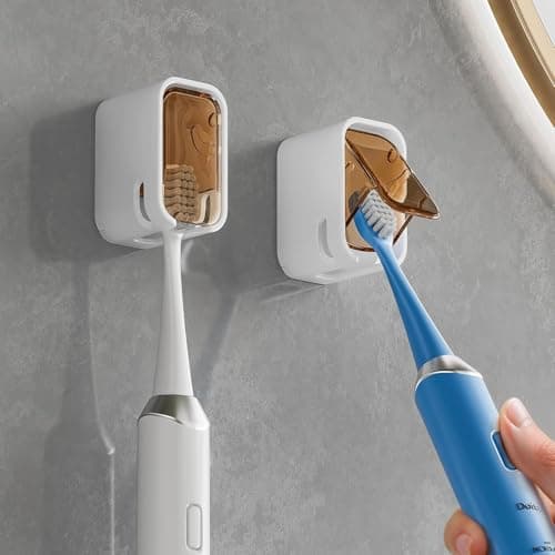 HASTHIP ® Silicone 2pcs Wall Toothbrush Holder with Dustproof Clear Window,Self-Adhesive,Vertical Quick Dry Storage,Removable & Compact Organizer for Modern Bathroom,No Drilling,Space-Saving Design