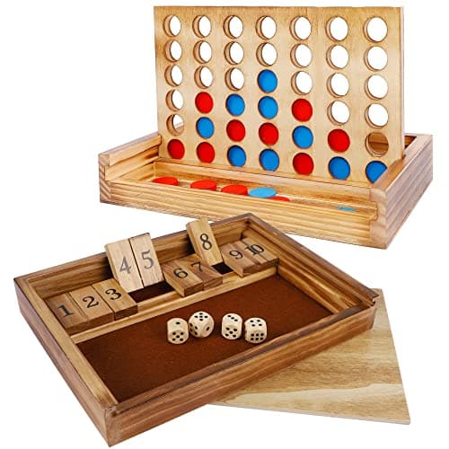 Glintoper Shut The Box 4 in a Row Tables Game Set Classic Wood Dice Game with Numbers Line Up 4 Game for Kids Family Living Room Rustic Coffee Table Decor Travel Game Strategy Board Games