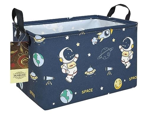 Rectangle Canvas Storage Basket Foldable Waterproof Toy Organizer Bin with Handles Fabric Collapsible Storage Bins for Shelves Kids Room Playroom Nursery Clothes SuppliesRecBlue Space Astronaut