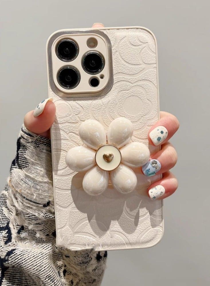 Off-white Embossed Flowers + Petal Stand High-end Camellia Mobile Phone Case Suitable For iPhone 16