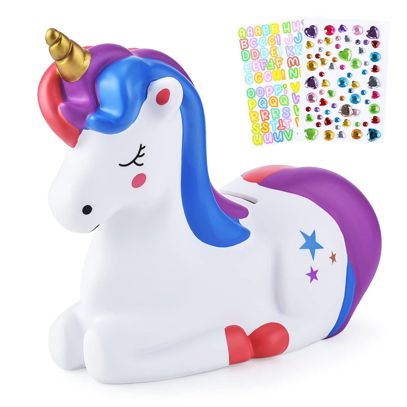 PJDRLLC Piggy Bank Girls Unicorn Piggy Banks Unbreakable Plastic Coin Money Bank with Alphabet Stickers Purple