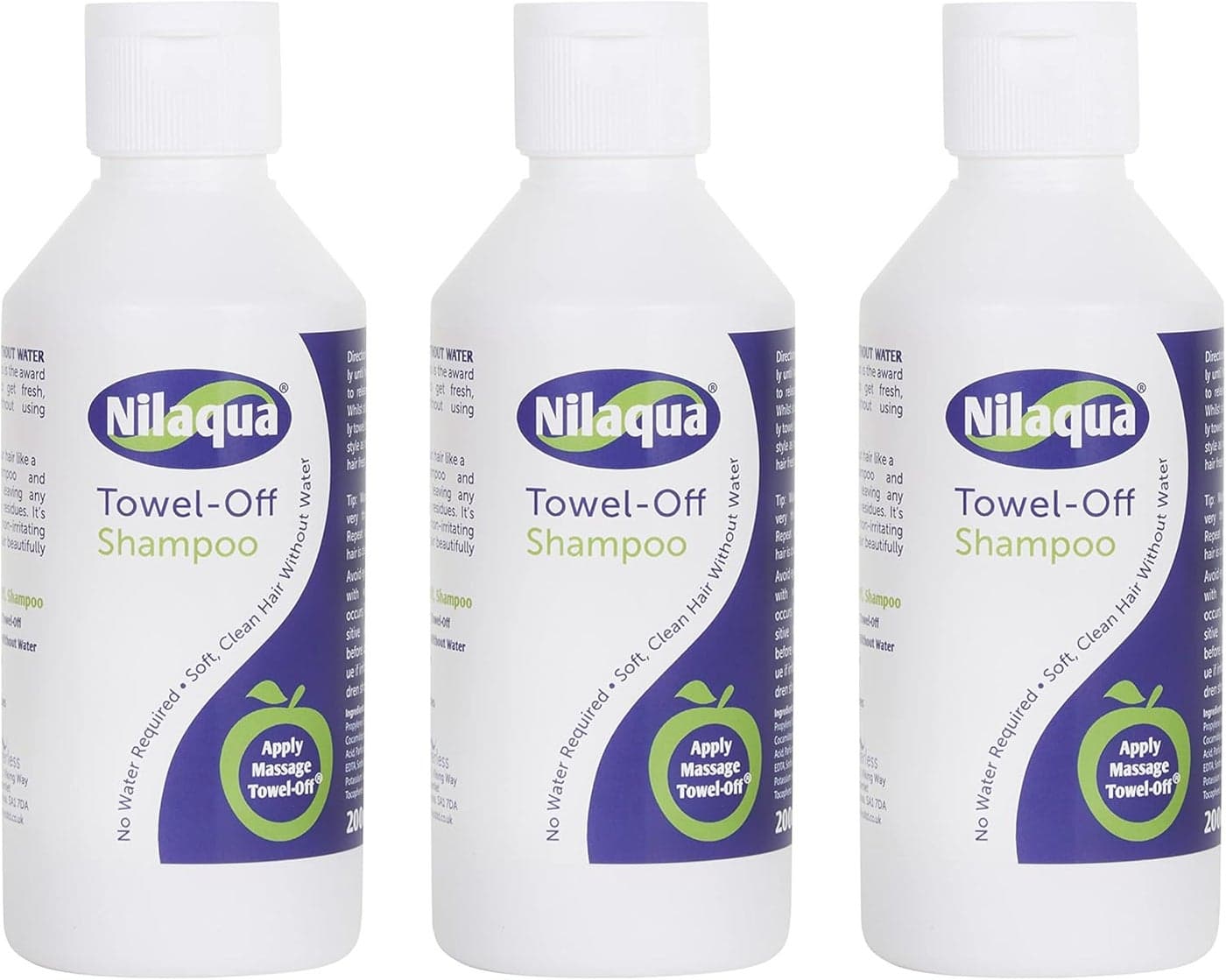 Nilaqua Towel off Shampoo 200ml Trio Pack Non Rinse Vitamin E No Water Rinse free hair washing Kind and Gentle to Scalp Triclosan Free Paraben Free Latex Free Alcohol Free UK Manufactured