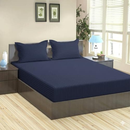 Trance Home Linen 100% Cotton 72x72 inch 200TC Satin Stripe Elastic Fitted Bedsheet | Bedroom Hotels Daily Use Fitted Bedspread with 2 Pillow Covers (72"x72" | 6x6 feet, Dark Blue)