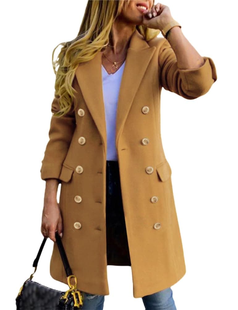 IDEALSANXUN Womens Fall Winter Wool Coats Double Breasted Midi Peacoat Trench CoatsCamel L