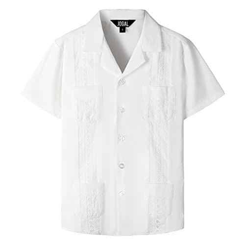 JOGAL Boys Guayabera Shirts Cuban Short Sleeve Casual Button Down Beach Shirt White 12