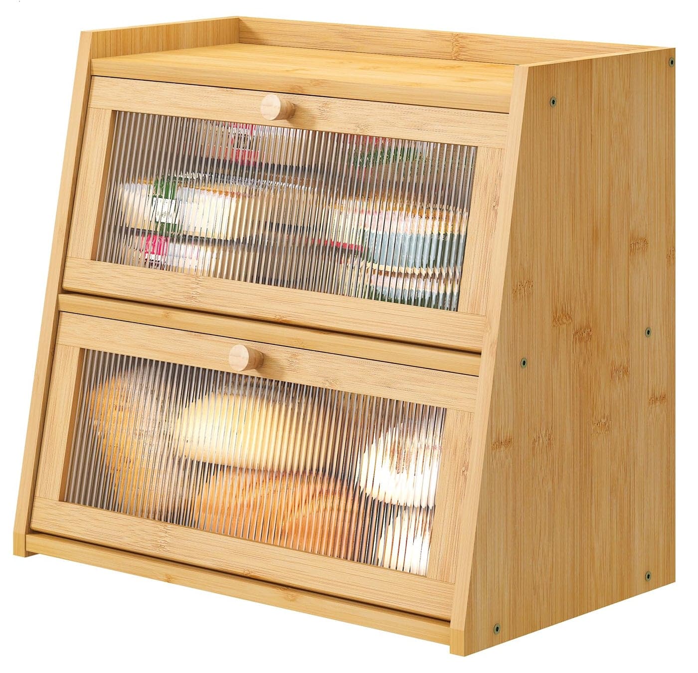 viewcare Bread Box for Kitchen Counter, Double Layer Large Bamboo Wood Bread Box, Bamboo Bread Storage Container with Wavy Acrylic Transparent Door