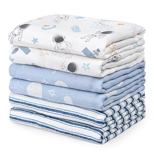 GLLQUEN BABY Receiving Blanket Boy Cotton Muslin Swaddle Blankets Girl Newborn Squares Breathable Soft Thin Baby Blankets Cloths Double Absorbent Infant Swaddling Wrap 6 Pack Blue Astronaut