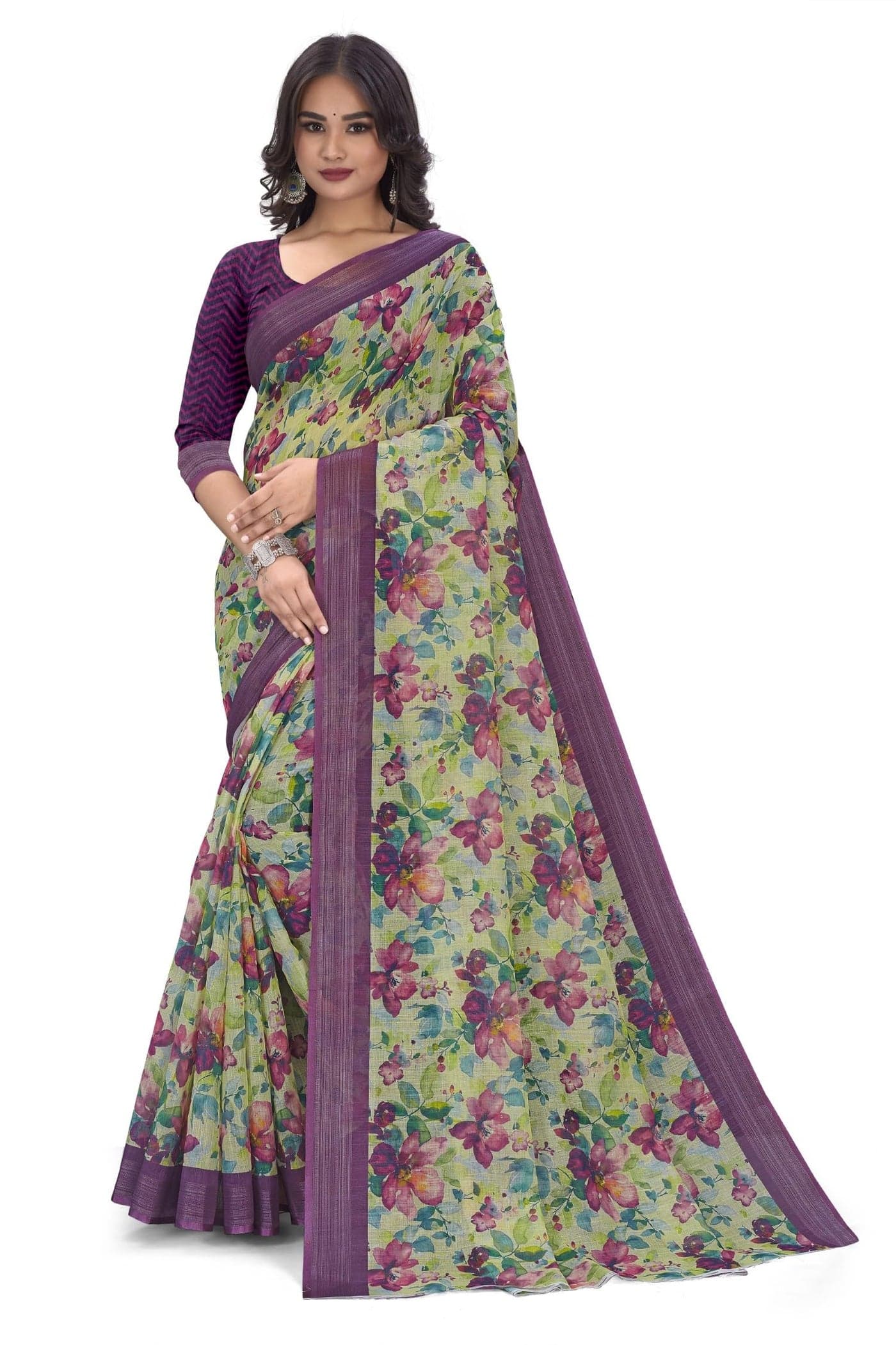 C J Enterprise Women’s Pure Soft Cotton Saree Linen For Kalamkari Silk Sarees Latest Party Design Wear Wedding Sadi With Blouse Piece Sari South Mulmul ikkat Mul Print 2025 New (Lilen Green Purple)