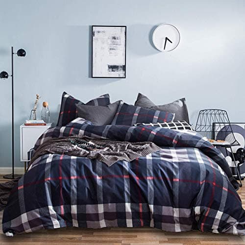 Jumeey Plaid Duvet Cover Queen Size Navy Blue Grid Bedding Set Buffalo Plaid Bedding Teens Boys Dark Color Gingham Grid Tartan Bedding Set Men Check Duvet Cover Full
