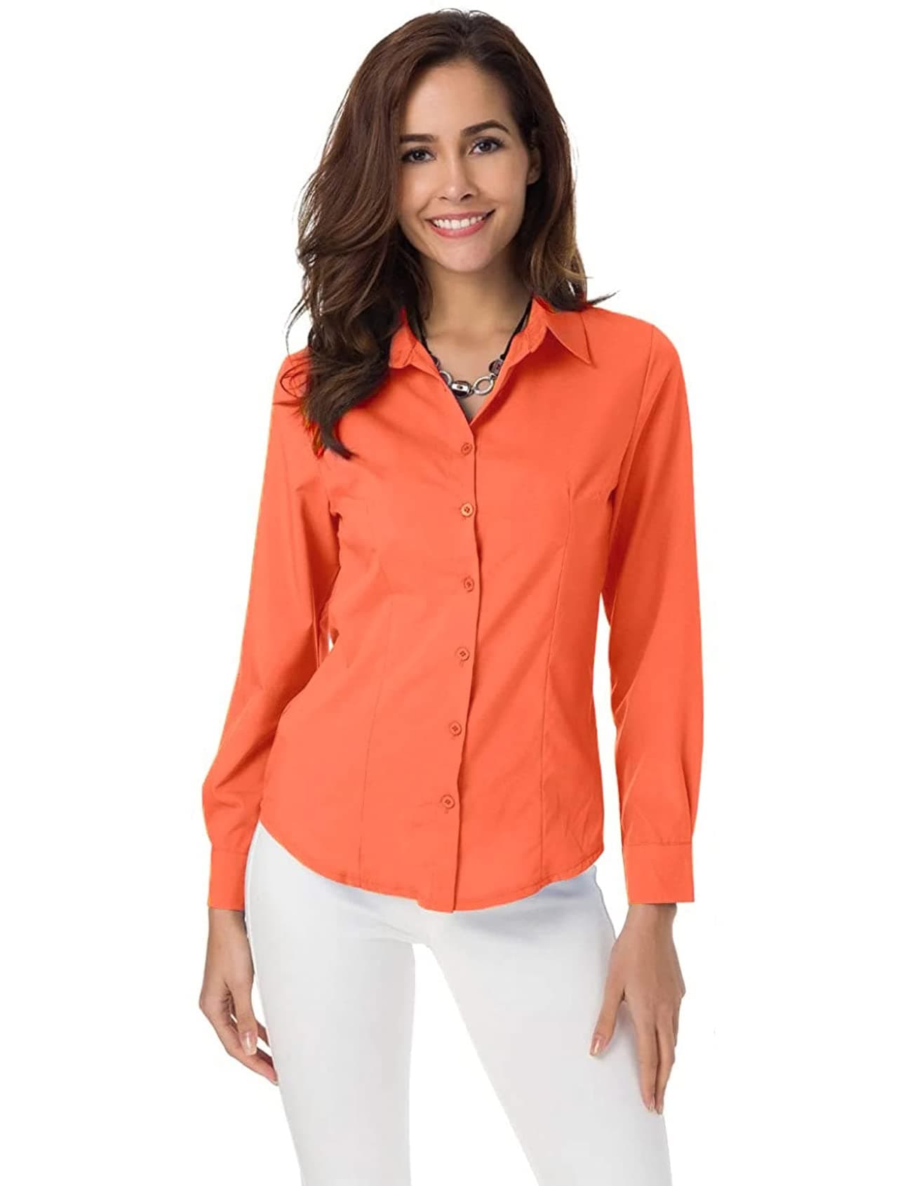 Atnlewhi Women Basic Long Sleeve Button Down Shirts Simple Pullover, Orange, S