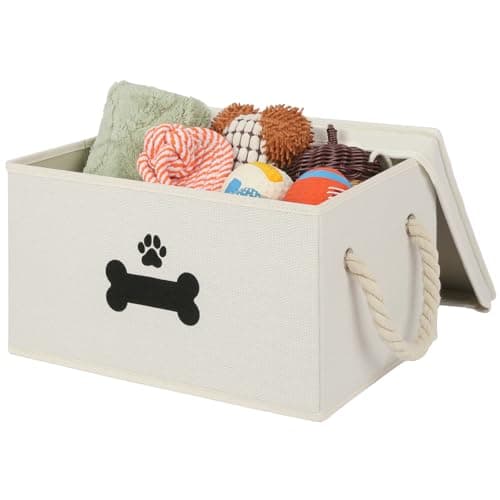 GreenPetopia Dog Toy Basket with Lid Dog Basket for Toys Dogs Toy Box with Cotton Rope Handles Collapsible Storage Bins for Pet Toys Dogs Storage Organizer Beige