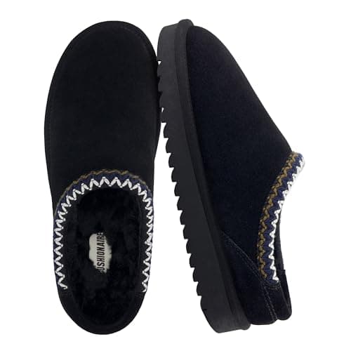 CUSHIONAIRE Keto Womens Slippers- Genuine Suede Cozy & Stylish, Memory Foam & Faux Shearling Winter Slippers for Women BLACK 9W