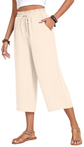 Anyhold Womens Capri Pants Loose High Waisted Wide Leg Lounge Pants Drawstring Casual Palazzo Trousers with Pockets Large, Ivory