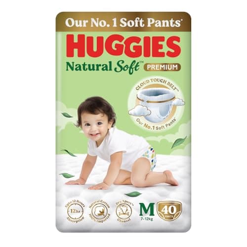 Huggies Natural Soft Premium Baby Diaper Pants, Our No.1 Soft Pants, Medium (M) Size (7-12 Kgs), Pack of 40 diapers | Cloud Softness All over with India's 1st Cloud Touch BeltTM