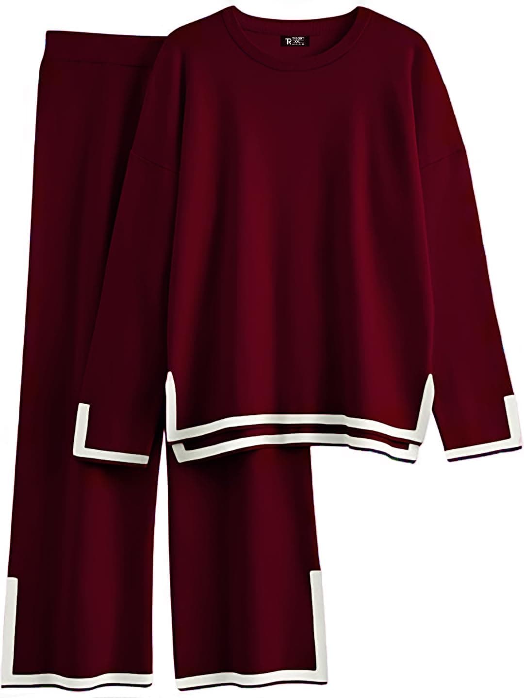 TYSORT Women’s Winter Woolen Sweater with Pajama | Warm Winter Wear Cord Set | Woolen Tracksuit Loungewear Set Red