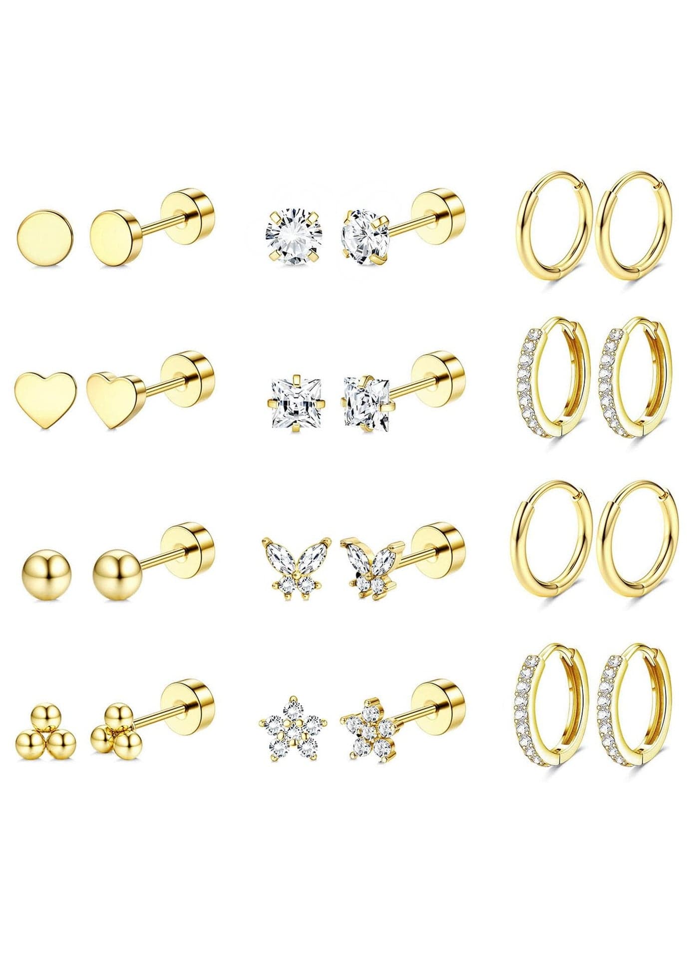 Hypoallergenic Surgical Steel Earrings for Sensitive Ears 14K Gold Flat Back Earrings for Women Men Small Stainless Steel Earrings Flatback Stud Hoop Cartilage Earring Set for Multiple Piercing