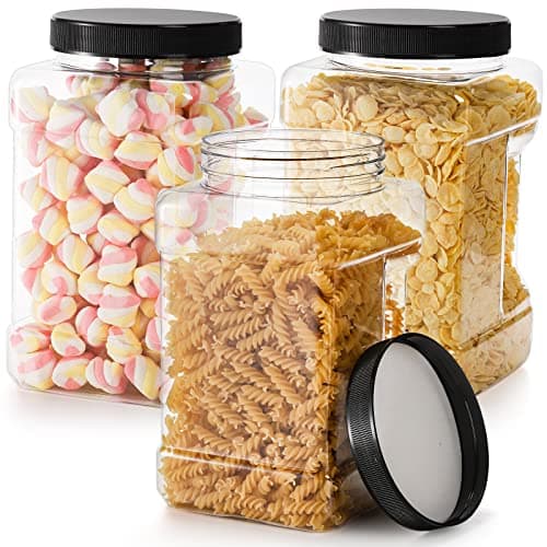 Lawei 3 Pack Square Clear Plastic Jars 98 Oz Wide Mouth Storage Containers with ScrewOn Lids Refillable BPA Free Empty PET Jars for Dry Goods Peanut Cookies Candy Easy Grip Airtight Storage Jar