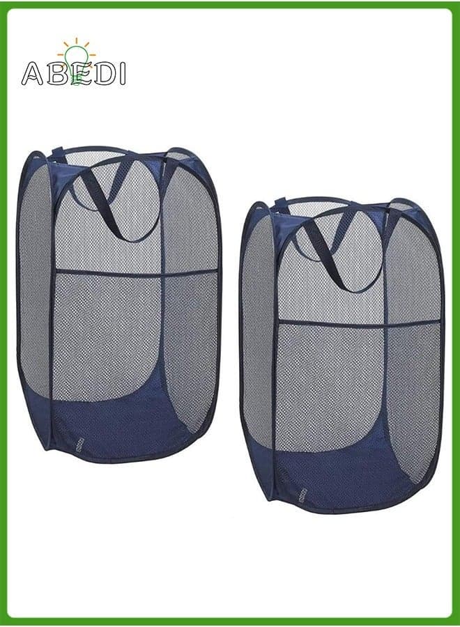2-Pack Home Laundry Basket, Foldable Storage Mesh Popup Collapsible Clothes Washing Hamper with Carry Handle, Blue