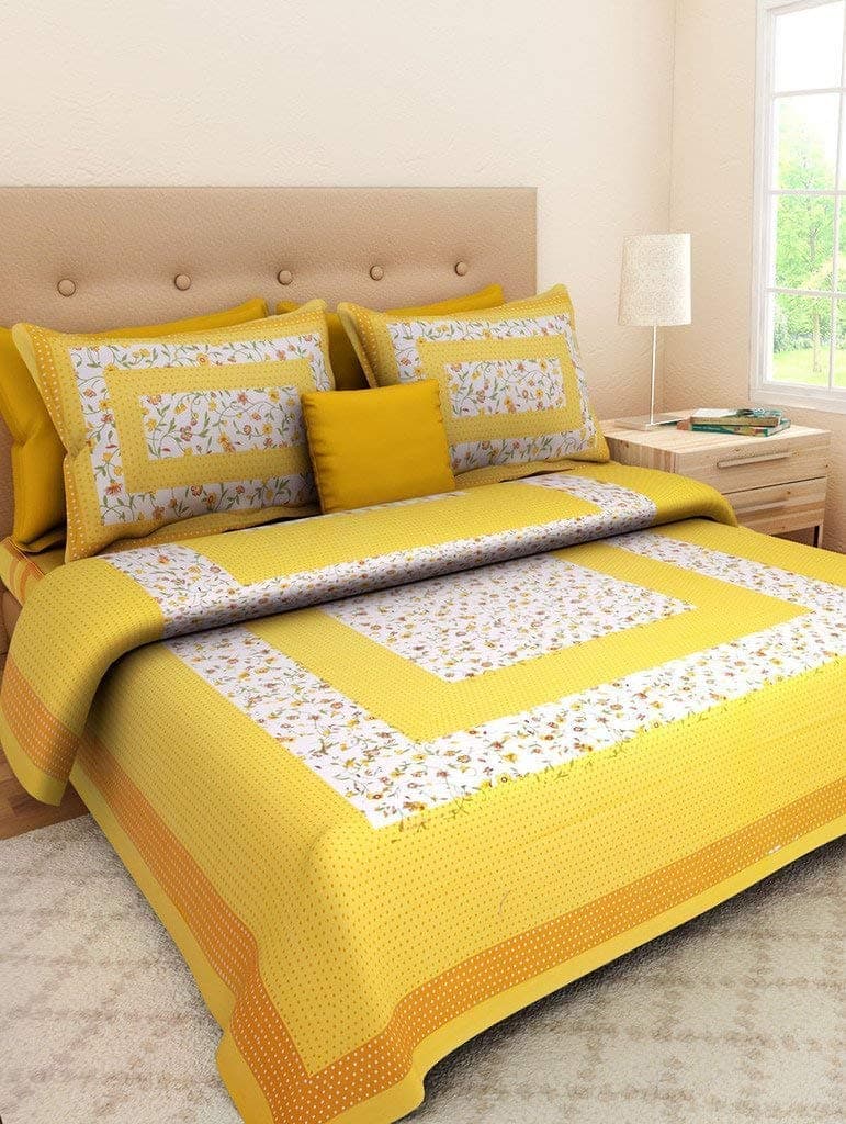 Monik Handicrafts Cotton Jaipuri King Size Double Bedsheet with 2 Pillow Cover (Yellow)