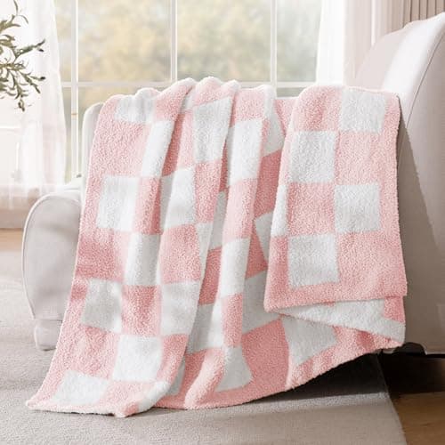 Exclusivo Mezcla Checkered Twin Size Knit Blanket for Bed, Ultra Soft and Warm Reversible Woven Blankets, Cozy Snuggly Throw for Couch Bed and Home Decor, Pink, 60"x80"