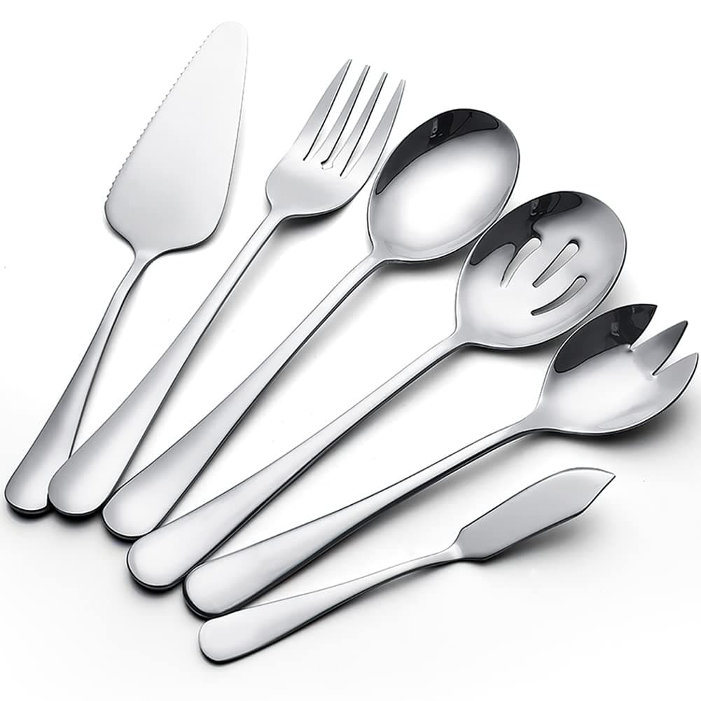 AOOSY 6 Pieces Cutlery Serving SetStainless Steel Flatware Serving Spoons Silver Kitchen Cooking Tools Cake Butter Knife Spoon Fork Pack for Home Buffet Party Mirror Finished