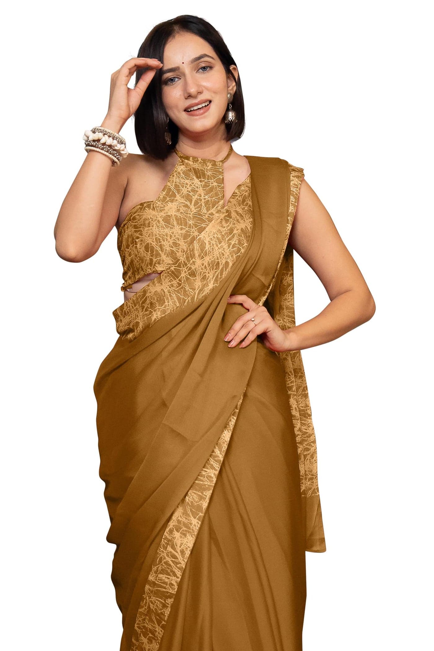 MIRCHI FASHION Chiffon Georgette Abstract Border Printed Solid Sarees for Women with Blouse Piece (42734 - Dark Mustard, Cream)