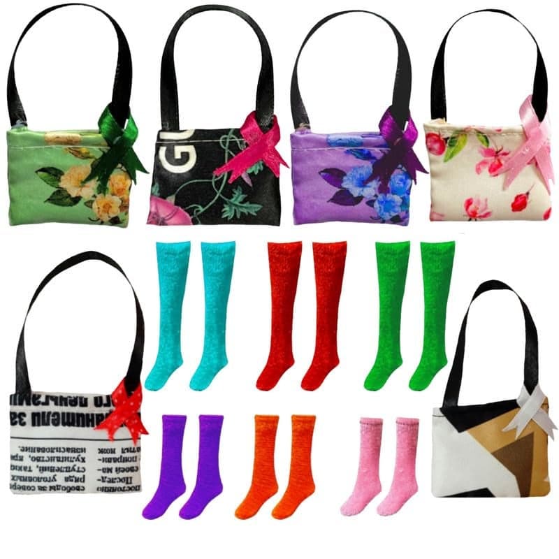 Mini Gifts - Handmade Doll Accessories, 6 Doll Bags and 6 Pairs of Socks (Multicolor)