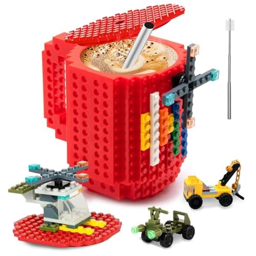 Fubarbar Novelty Coffee Mugs Kids Brick Gaming Mug Building Head Cup with Straw Funny XmasBirthday Gift For Men Women Kids Red