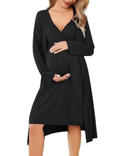 Ekouaer Maternity Robe for Hospital Labor and Delivery Gown Nursing Nightgowns Breastfeeding Gown and Robe Set Tank Nursing Dress Black M